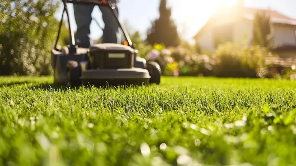 Crew from Cutting Edge Landscaping, LLC mowing and trimming a residential lawn in Milledgeville, GA on a sunny morning