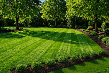 Experienced landscaper inspecting turf health and adjusting mower height for Madison, GA’s seasonal grass conditions